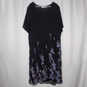 Gunit Vintage Maxi Dress 24W Black Chiffon Purple Floral Hem Short Sleeve Y2K